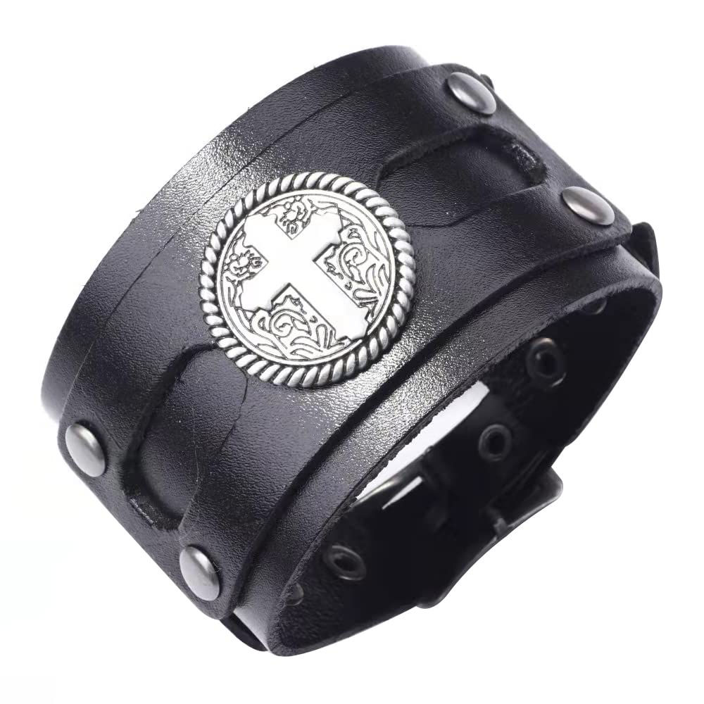 NIGHTCRUZ Wide Leather Bracelet with Cross, Medieval Leather Cuff Wristband f...