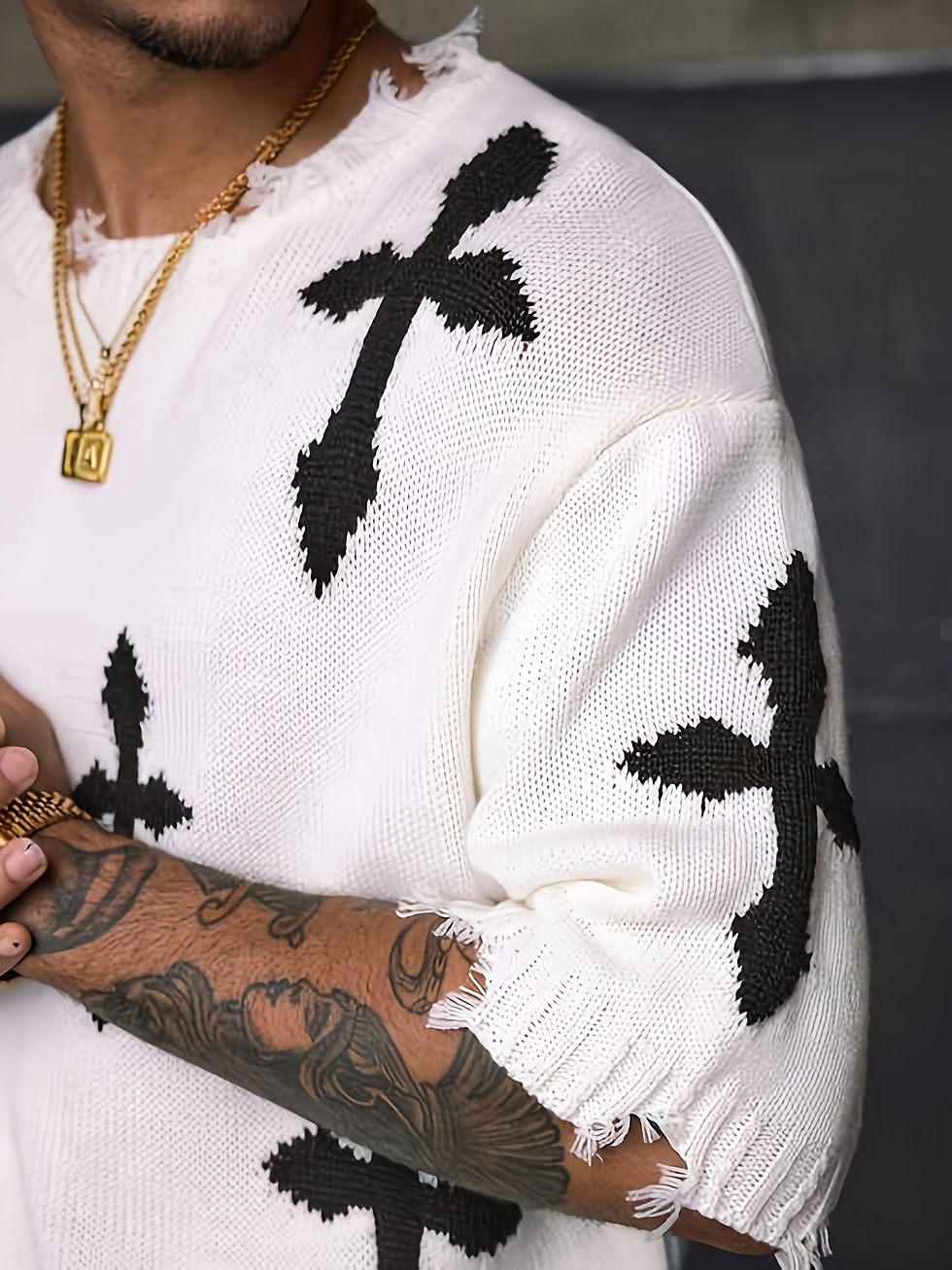 Thumbnail: Men's Casual Knit Top/Two-tone Jacquard Round-neck Short-sleeve/Street Sport Sho