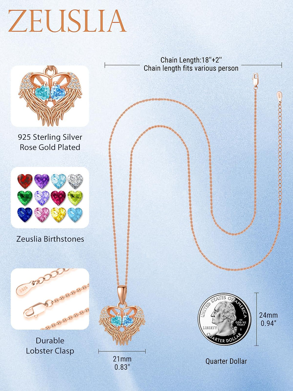 Thumbnail: Zeuslia Angel Wings Necklace Sterling Silver Angel Wing Pendant Necklaces for...