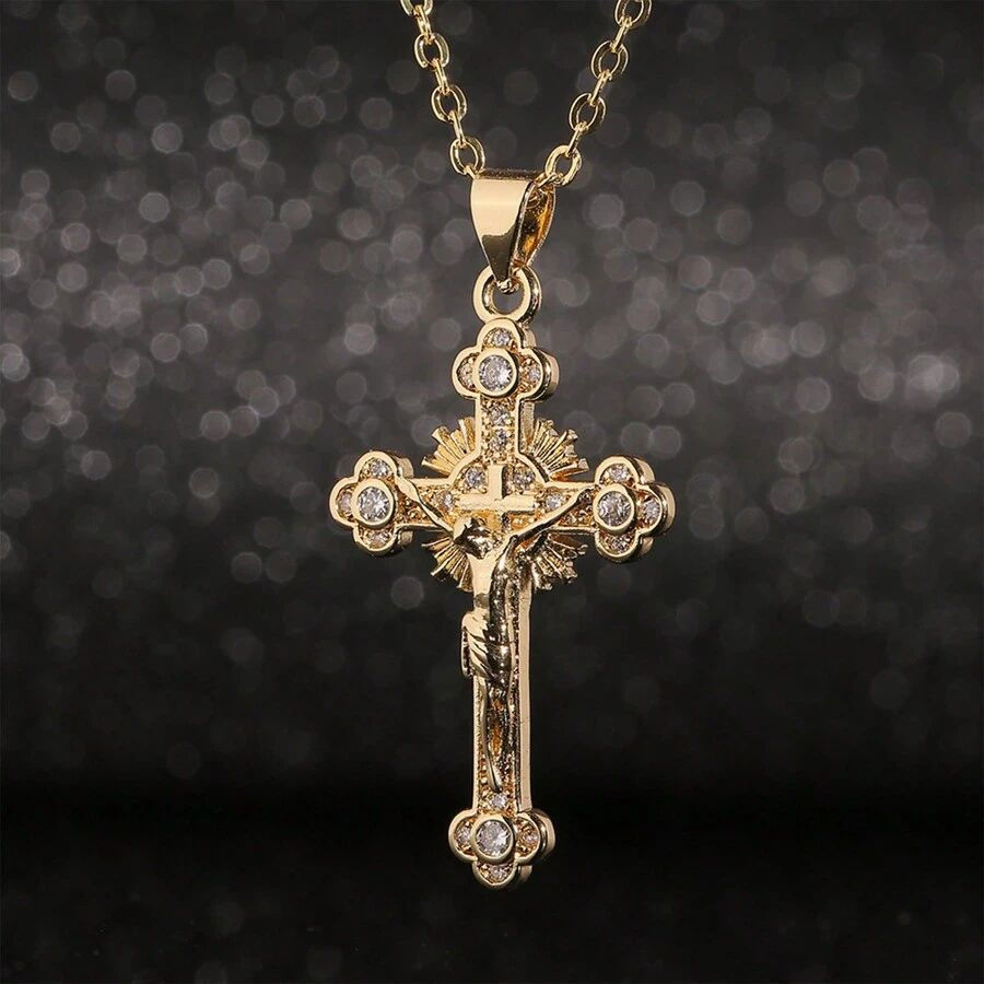 Religion Jesus Cross Pendant Necklace For Women Men Shiny Rhinestone Gold Color