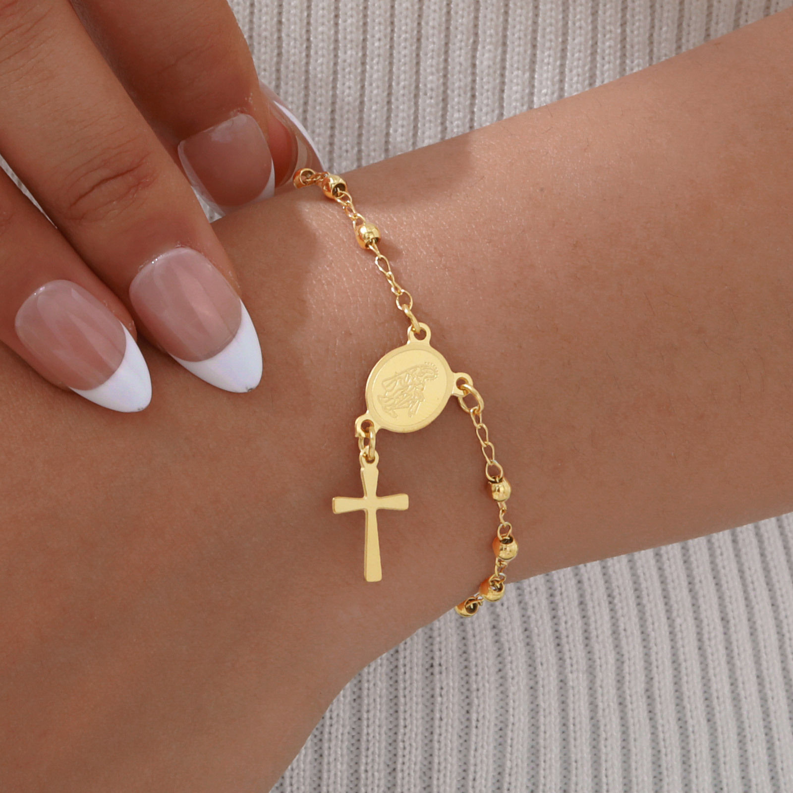 Rosary Stainless Steel Women Bracelet Girls Religious Cross And Virgin Mary Pray