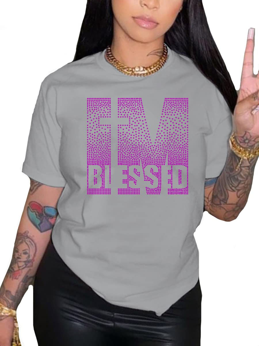 Women's Blessed Rhinestone Graphic Funny Cute Tops Letter Print Casual Loose ...