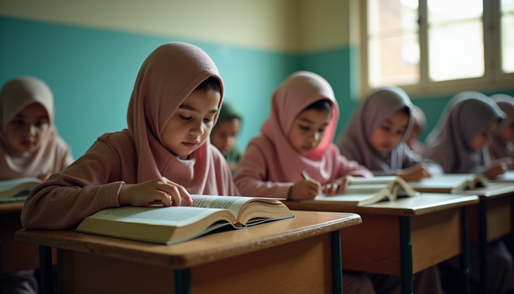Eye-level view of a quiet classroom with young girls reading the Quran
