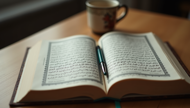 Close-up view of an open Quran with highlighted verses and a pen