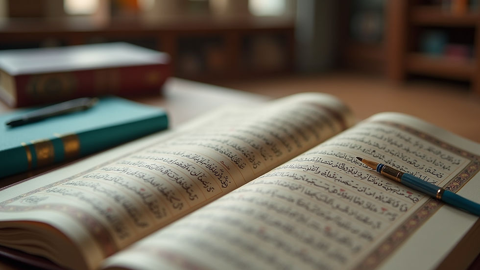 Close-up view of colourful Quranic learning materials arranged on a table
