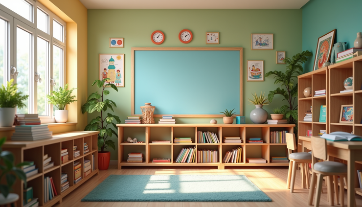 Eye-level view of a colorful classroom corner with Islamic books and learning materials arranged neatly