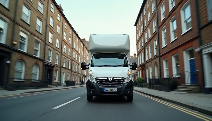 Eye-level view of a London man and van parked outside a residential building