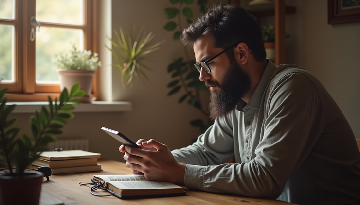 Eye-level view of an adult learner reading the Quran on a tablet at home