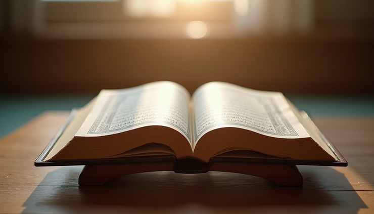 Eye-level view of an open Quran on a wooden stand with soft natural light