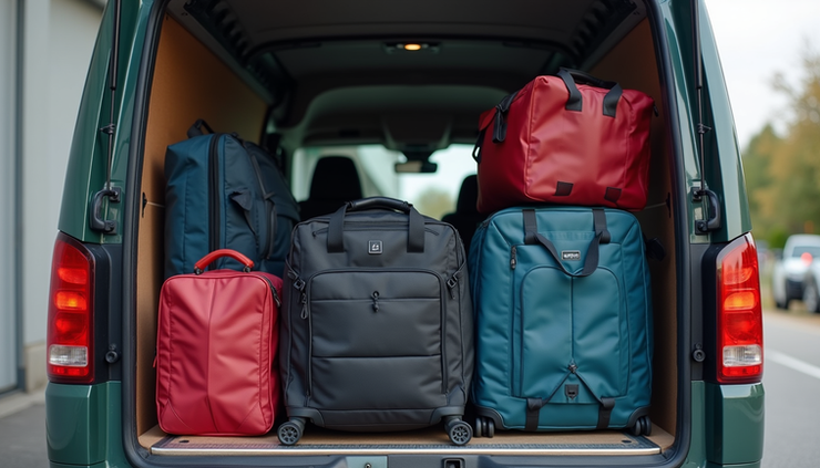 Eye-level view of a large sports bag being loaded into a delivery van