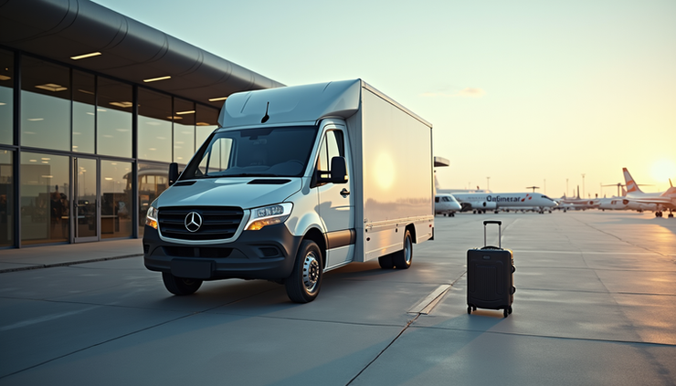 Eye-level view of a luggage delivery van parked outside an airport terminal