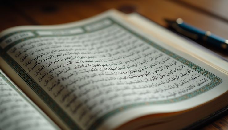 Close-up view of an open Quran with clear Arabic script and a Tajweed guide