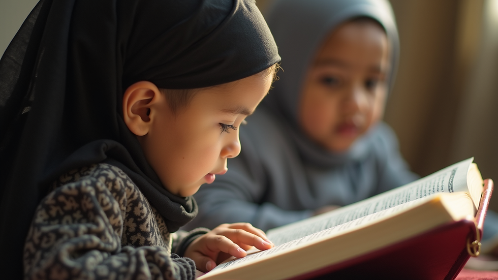 Close-up view of a child reading the Quran with a teacher