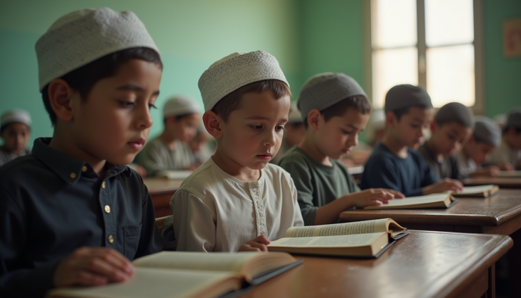 Eye-level view of a quiet classroom with students reading the Quran
