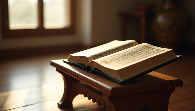 Eye-level view of an open Quran on a wooden stand with soft natural light