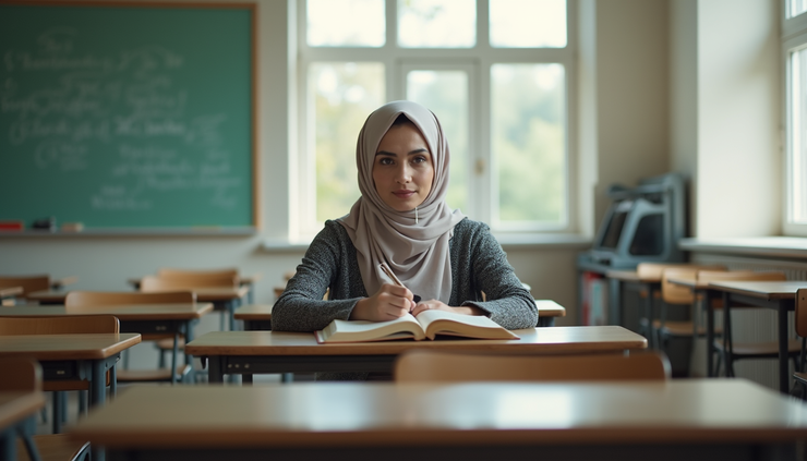 Eye-level view of a woman studying Islamic texts in a cozy London classroom