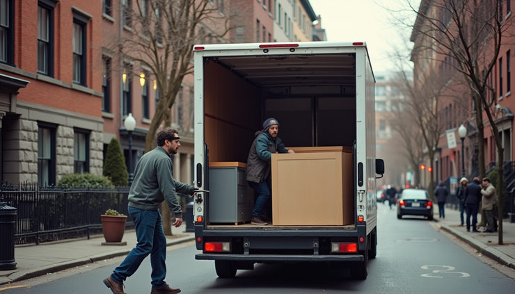 High angle view of a moving van being loaded with furniture in a Greenwich street
