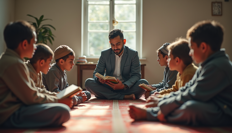 Eye-level view of a classroom with students learning Quran in Leytonstone mosque
