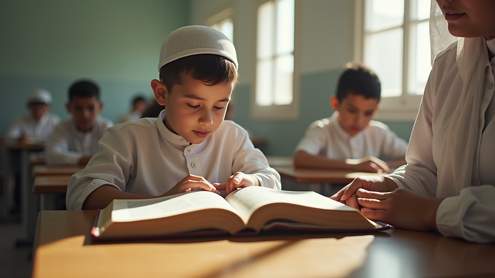 Eye-level view of a child reading the Quran with a teacher in a bright classroom