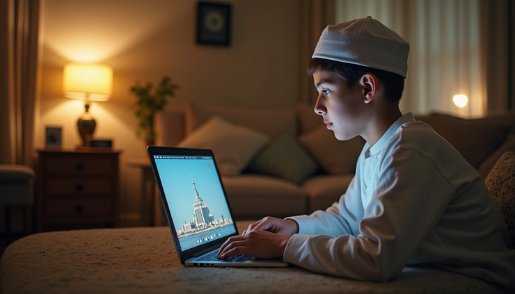 Eye-level view of a student studying Quran on a laptop at home