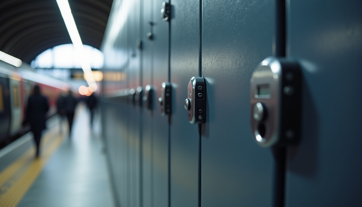 Eye-level view of a modern bag storage locker in Croydon station