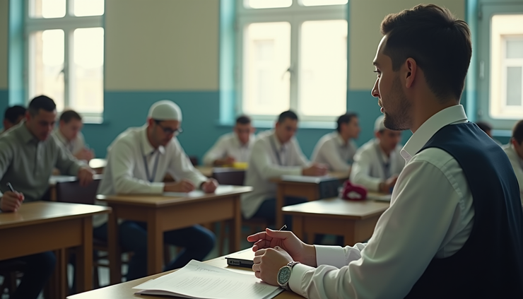Eye-level view of East London Mosque classroom with students engaged in learning