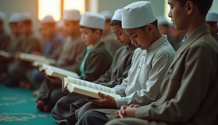 Eye-level view of a classroom in a Quran academy with students reading the Quran