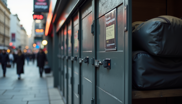 Eye-level view of a secure luggage storage locker in Camden street