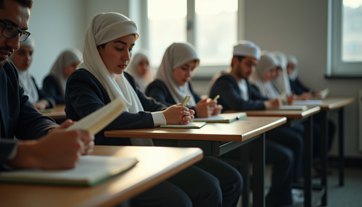 Eye-level view of a modern classroom with students reading the Quran attentively