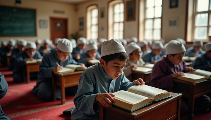 Eye-level view of a classroom with students reading the Quran in Bolton mosque