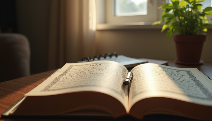 Eye-level view of a quiet study corner with an open Quran and a notebook on a wooden desk