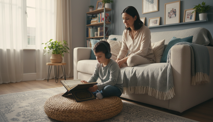 Wide-angle view of a parent sitting near a child during an online Quran lesson at home.