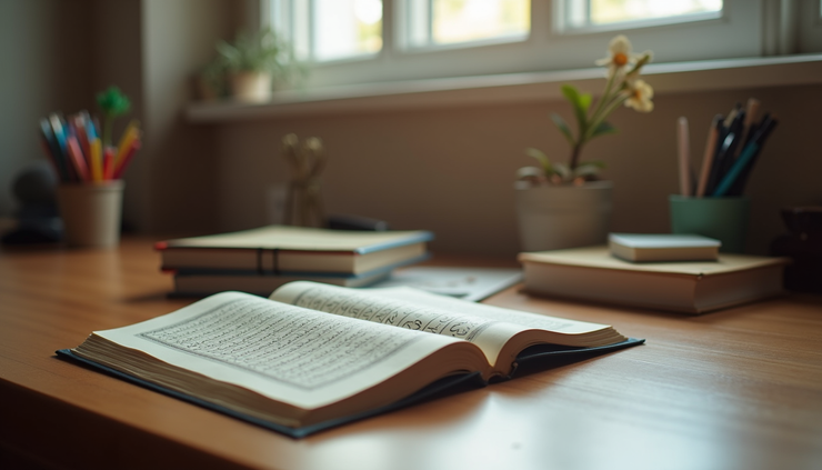 Eye-level view of a child’s study desk with Quran and learning materials neatly arranged
