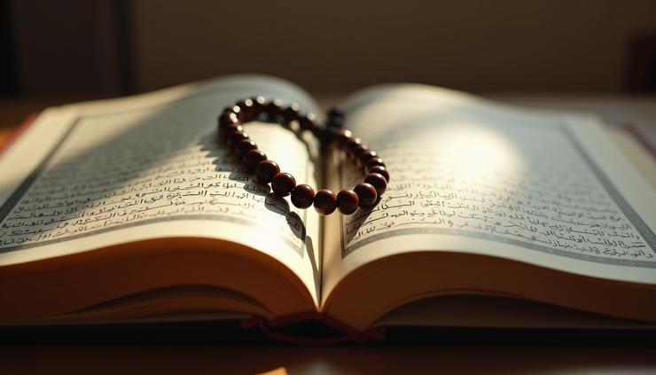 Eye-level view of an open Quran with prayer beads resting on the page