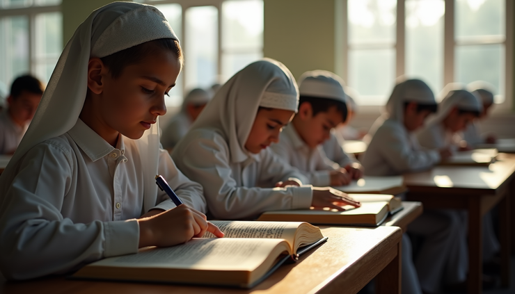 Eye-level view of a quiet classroom with students reading the Quran