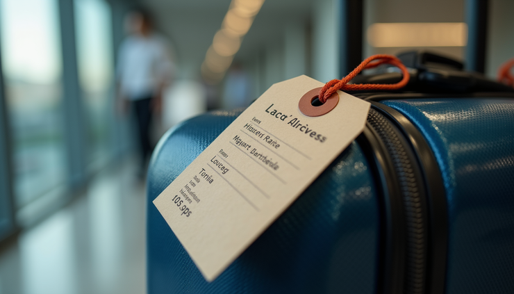 Close-up view of a luggage tag with delivery details attached to a suitcase