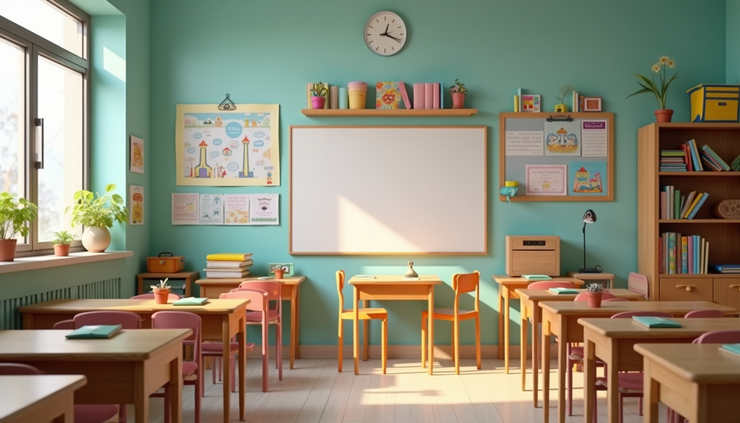 Eye-level view of colorful classroom with Quran books and learning materials for children