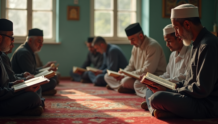 Eye-level view of a Bengali Quran class in a UK community center with adults reading Quran