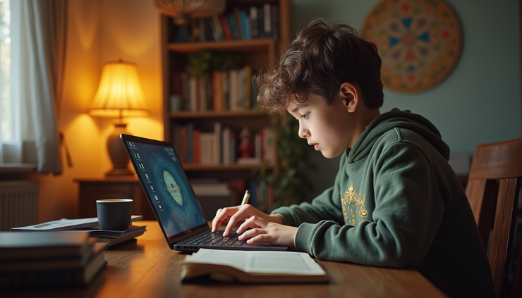 Eye-level view of a teenager studying Quran on a laptop at home