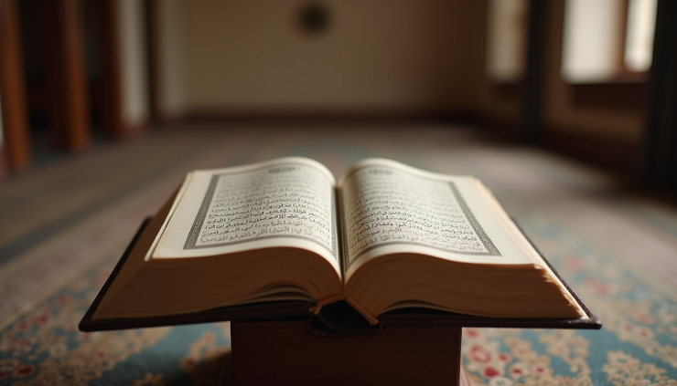 Eye-level view of an open Quran on a wooden stand with clear Arabic script