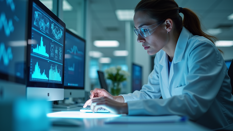 Eye-level view of a person analyzing clinical research data