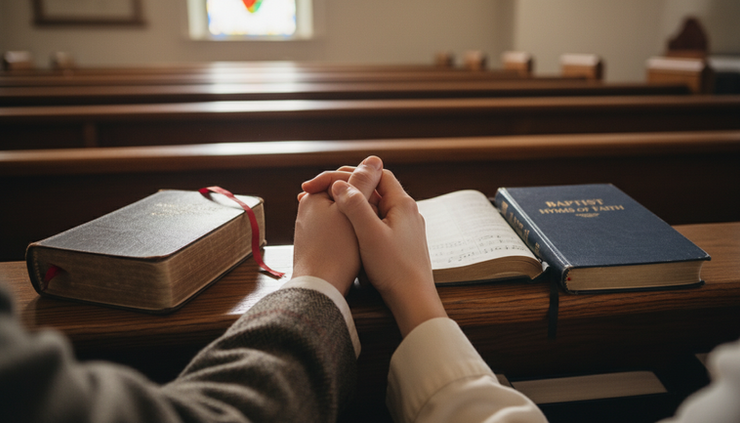 Eye-level view of clasped hands resting beside a Bible and a hymnal.