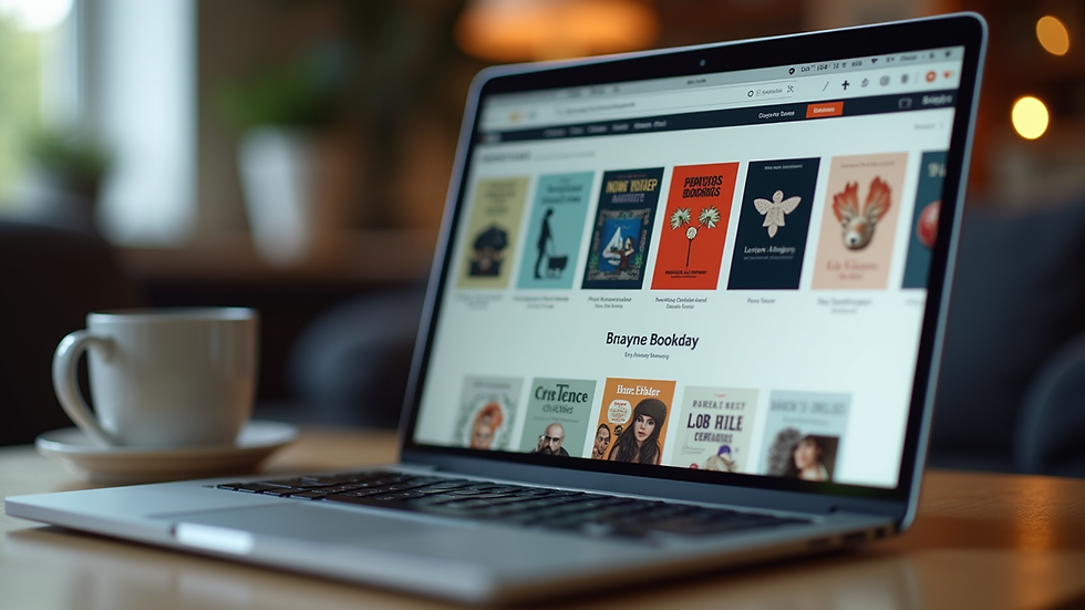 Close-up view of a laptop screen showing an online bookstore homepage