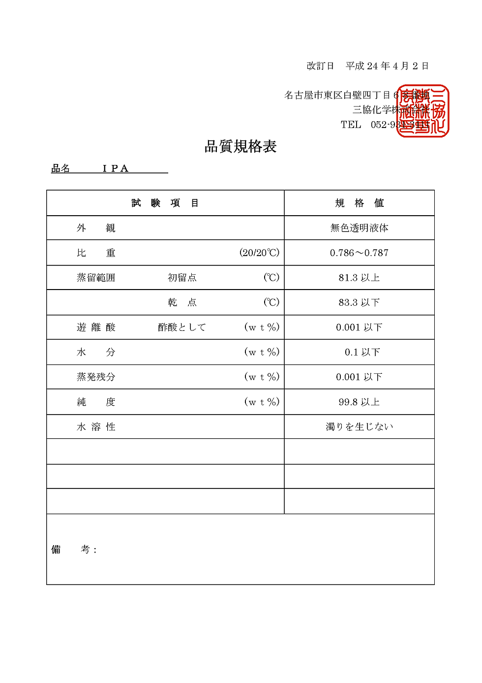 サムネイル： イソプロピルアルコール　規格表