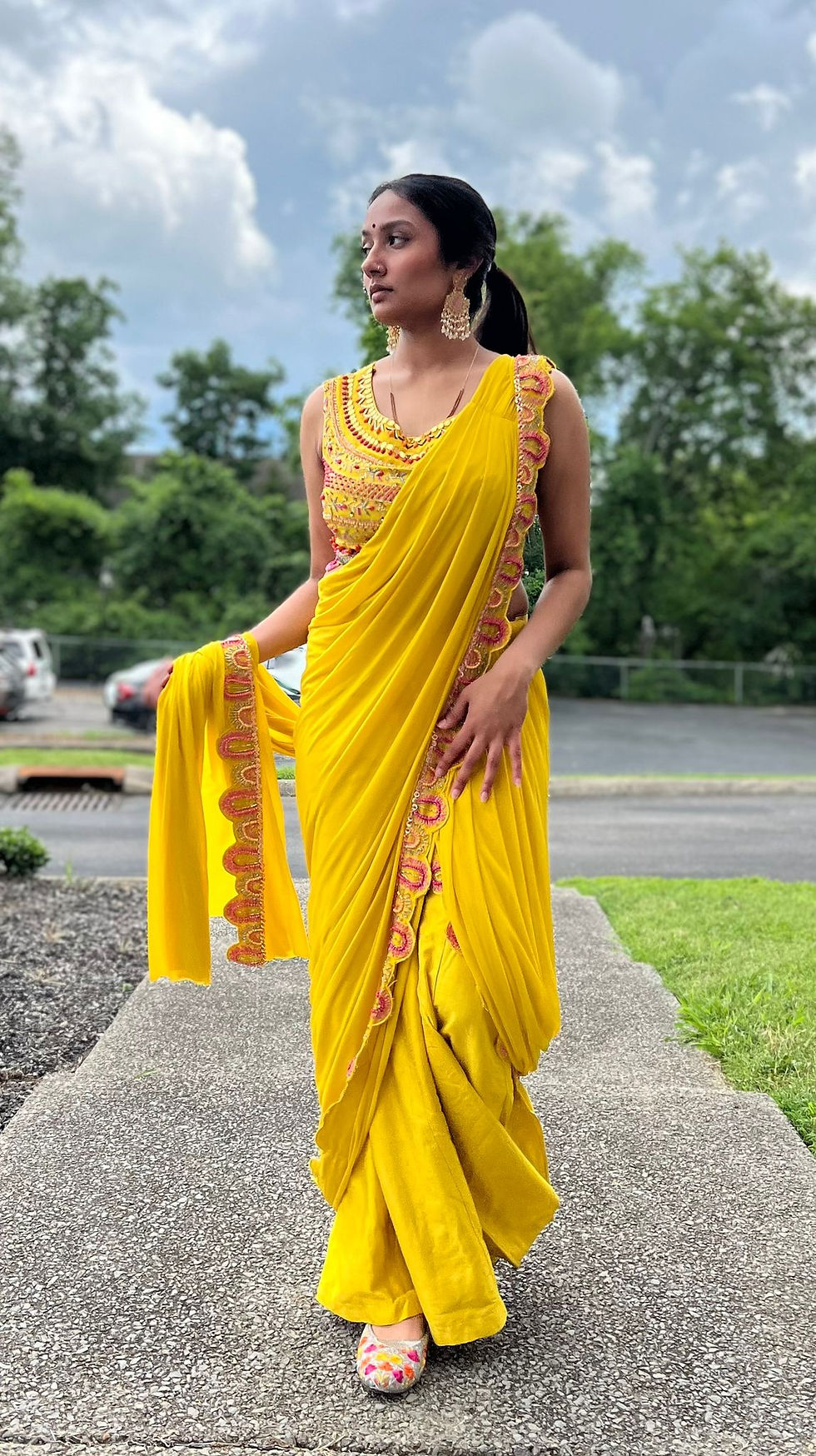 YELLOW DRAPE SET WITH PANT AND ZARDOSI WORK CROP TOP ITEM 41