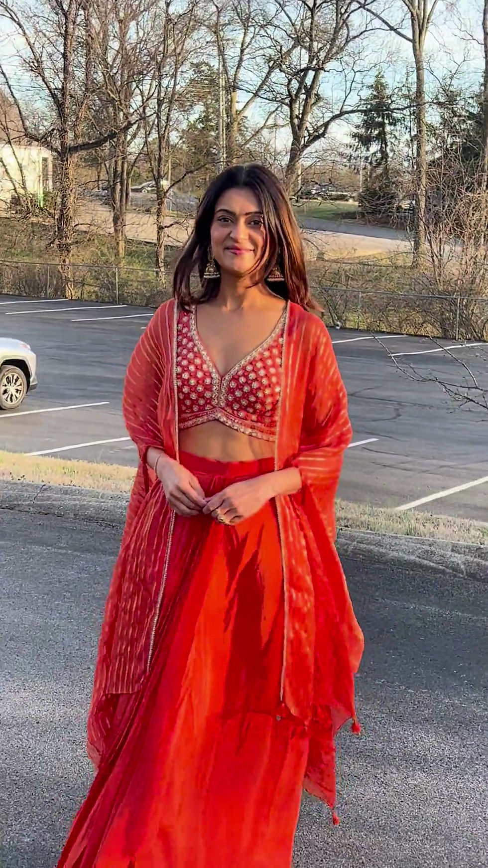 Thumbnail: ORANGE CROP TOP DHOTHI SKIRT AND SHRUG
