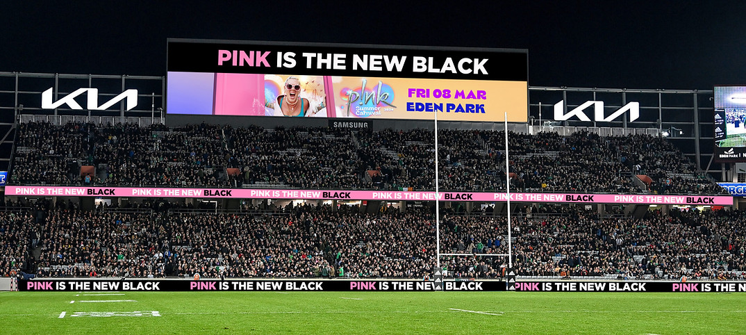 Group of fans at a rugby game, also promoting Pink concert to illustrate sporting event transport.