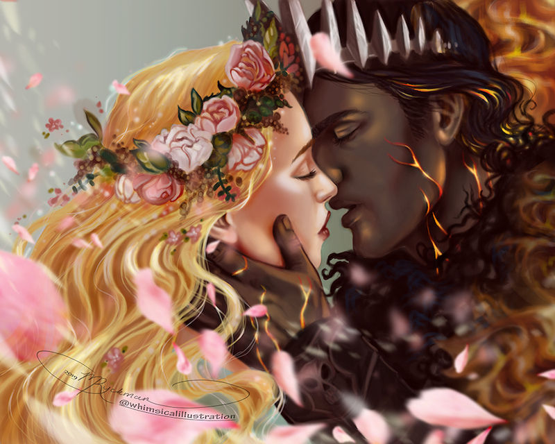 A blonde woman with a floral crown and a dark-haired man with a spiky crown share an intimate moment amidst swirling pink petals.