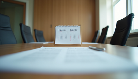Long conference table with calendar in the center.