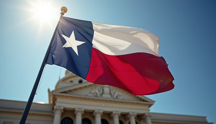 High angle view of a Texas flag waving outside a government building